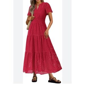 Pretty Garden Red Eyelet Maxi Dress Tiered